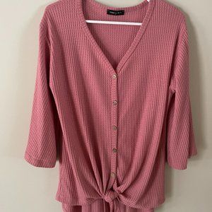 iliad USA Blush Tie-Knot Size Small Comfy Waffle Pullover Top 3/4 Bell Sleeves